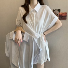 批发Polo领短袖衬衫女夏季新款大码胖mm显瘦系带收腰打底上衣