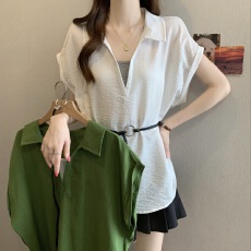 批发大码女装假两件设计感V领正肩衬衫夏季胖MM收腰显瘦系带短袖上衣