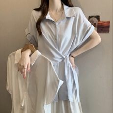 批发Polo领短袖衬衫女夏季新款大码胖mm显瘦系带收腰打底上衣