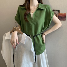 批发大码女装假两件设计感V领正肩衬衫夏季胖MM收腰显瘦系带短袖上衣