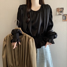 批发<b class='q'>大码</b>女装新款法式气质显瘦圆领镂空收腰长袖<b class='q'>雪纺衫女</b>秋季薄款上衣