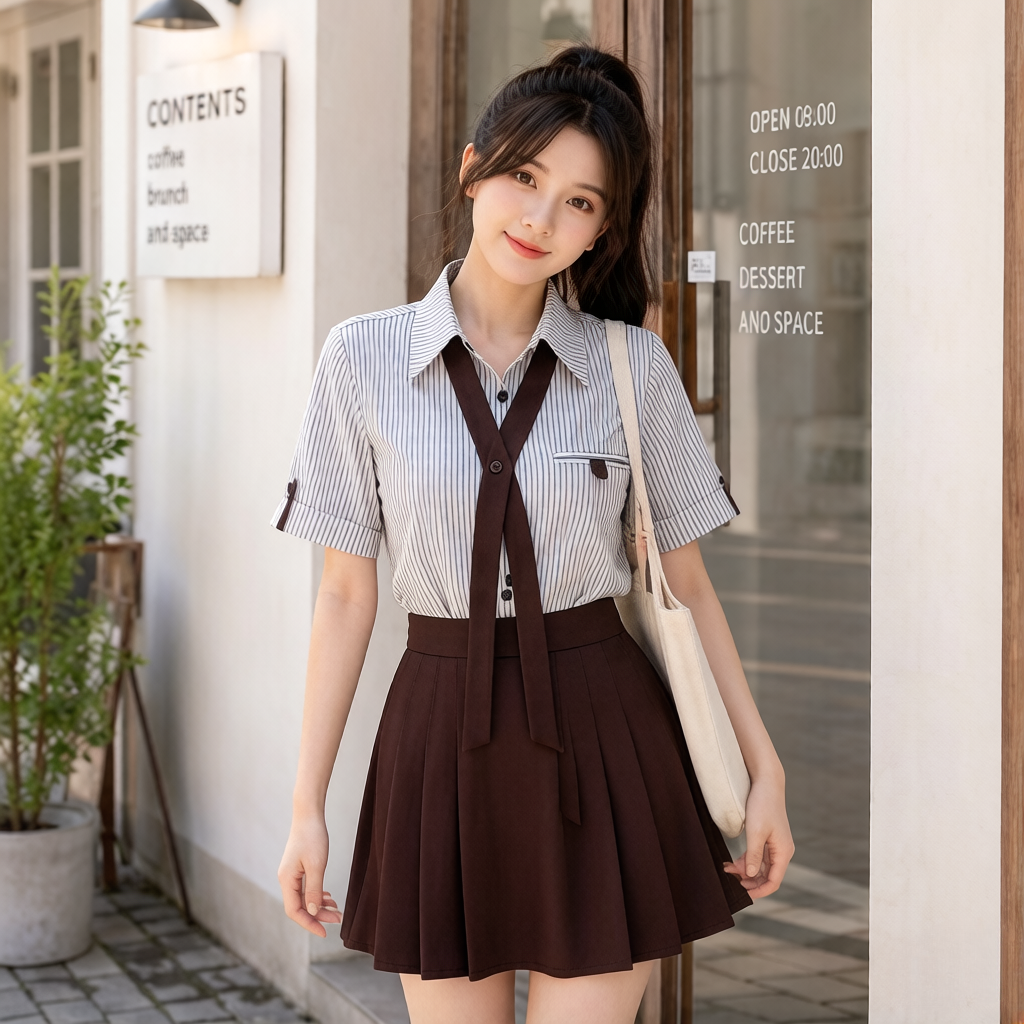 학원 스타일 패션 리본 스트라이프 폴로 칼라 반팔 셔츠 하이웨이스트 슬림해 보이는 짧은 바지 두 조각 여성 세트 여름 연령 감소
