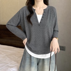 批发大码加绒加厚假长袖T恤女秋冬胖mm两件拼接V领显瘦上衣遮肚打底衫