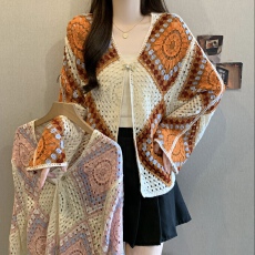 批发钩花镂空防晒针织开衫外套女早秋2026大码胖mm显瘦多巴胺彩色上衣