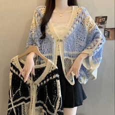 批发钩花镂空防晒针织开衫外套女早秋2026大码胖mm显瘦多巴胺彩色上衣