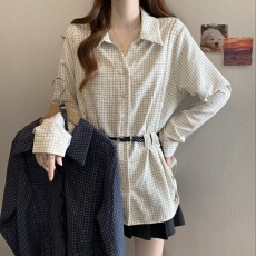 批发大码格子长袖衬衫女装<b class='q'>春</b>季胖mm遮肉显瘦翻领港风衬衣宽松显瘦上衣