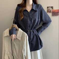 批发大码格子长袖衬衫女装<b class='q'>春</b>季胖mm遮肉显瘦翻领港风衬衣宽松显瘦上衣