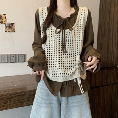 批发大码女装抽绳圆领无袖针织<b class='q'>背心</b>叠穿长袖T恤两件套女新款宽松上衣