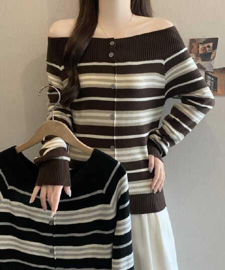 지방 mm 한 부서 배색 스트라이프 오프숄더 스웨터 보트넥 몸매 가꾸기 표지 고기 분위기 센스 긴팔 니트 오픈 가디건