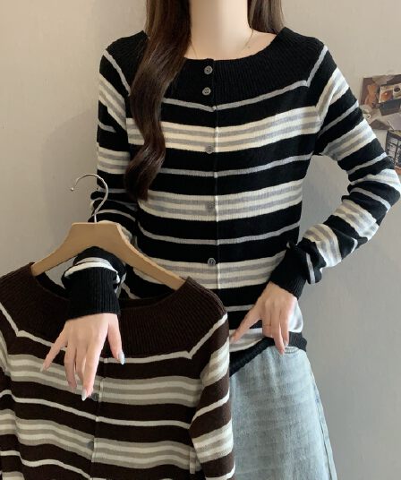 지방 mm 한 부서 배색 스트라이프 오프숄더 스웨터 보트넥 몸매 가꾸기 표지 고기 분위기 센스 긴팔 니트 오픈 가디건