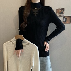 批发大码女装半高领针织打底<b class='q'>衫</b>女胖mm网纱<b class='q'>镂空</b>珍珠扣修身显瘦长袖上衣