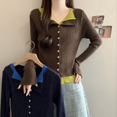 批发<b class='q'>大码</b><b class='q'>女装</b>撞色翻领假两件针织衫女微胖mm修身显瘦<b class='q'>长袖</b>上衣秋