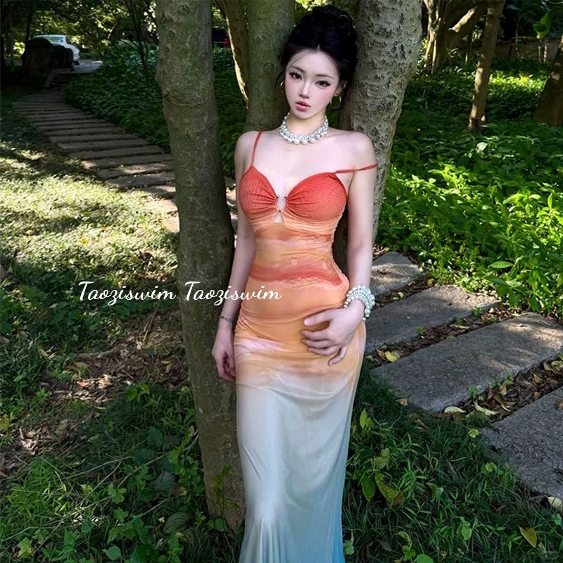 섬 휴가 바람 도파민 그라데이션 망사 슬립 여성 드레스 여름 몸매 가꾸기 슬림해 보이는 순수한 욕망 타이트 스커트 롱 스커트