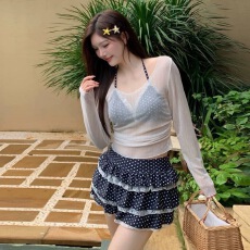 批发波点纯欲少女泳衣分体裙式<b class='q'>罩衫</b><b class='q'>比基尼</b>性感小胸温泉大码微胖mm显瘦
