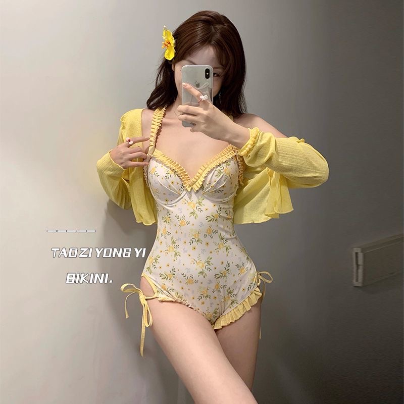 mimoi closet 새로운 파란색 꽃무늬 표지 배 행침 스트립 스틸 지원 모으다 수영복 올인원 온천 수영복 여성