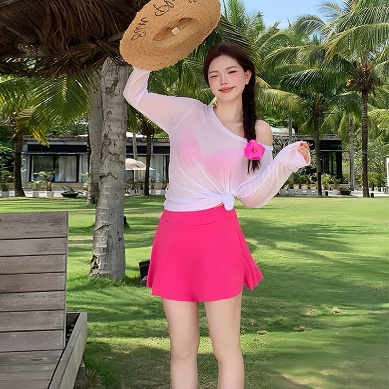 일반 뮤 수영복 여성 빅 사이즈 비키니 마이크로 지방 mm 표지 고기 슬림해 보이는 분리형 3종 세트 해변가 휴가 긴팔 블라우스