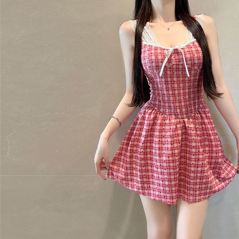 mejiu 꿀 나인 복숭아 마음 달콤함 디자인 센스 체크무늬 여성 드레스 봄 여름 레이스 허리 수축 미니 스커트