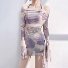 批发糖味小仙女新款紫色长袖泳衣女泡温泉三件套高级感分体裙式度假风