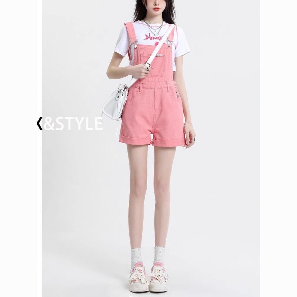 핑크색 데님 멜빵 반바지 여성 여름 2026 년 새로운 외국 가스 루즈핏 슬림해 보이는 올인원 넓은 다리 뜨거운 바지