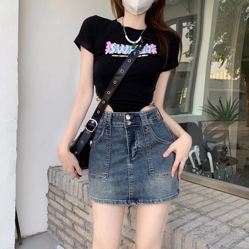 아메리칸 레트로 데님 반신 스커트 여성 봄 여름 새로운 작은 키 하이웨이스트 슬림해 보이는 노출 방지 한 마디 타이트 스커트 미니 스커트