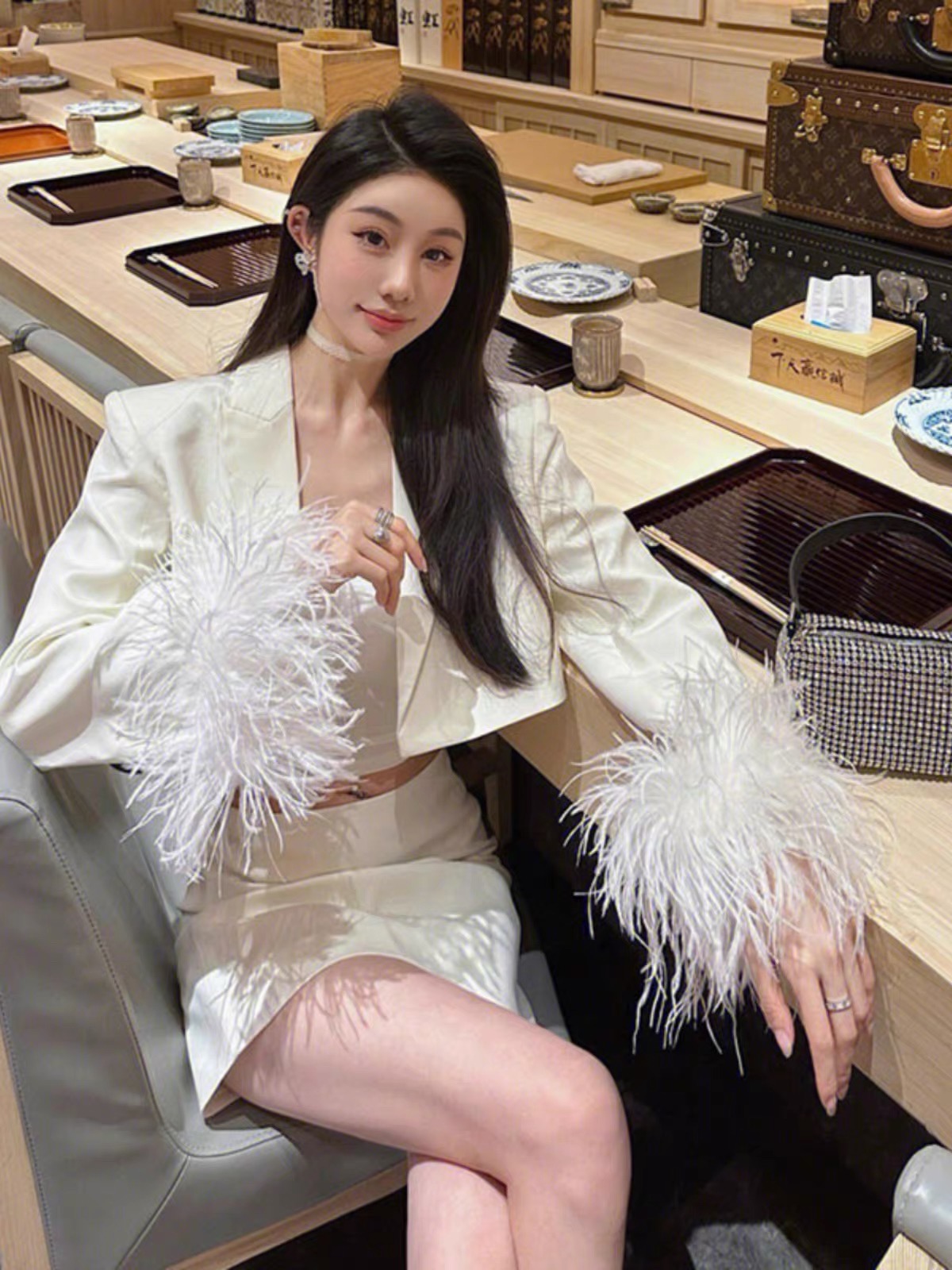 프랑스식 순수한 욕망 바람 깃털 술 패치워크 작은 대중 정장 짧은 외투 고급 센스 외국 가스 반신 스커트 투피스 슈트