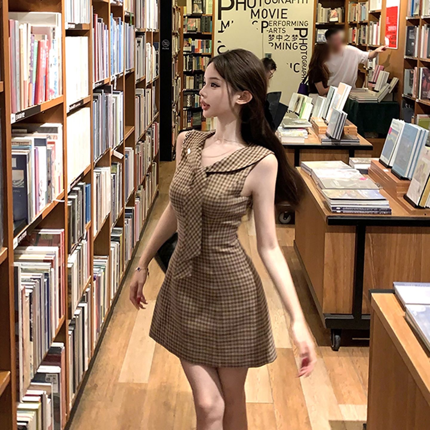연수생 해군 칼라 한 마디 드레스 학원 스타일 레이스업 허리 수축 민소매 미니 스커트