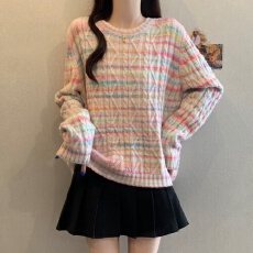 批发大码女装法式魔法彩正肩羊毛衫女胖MM显瘦独特2025年秋<b class='q'>冬</b>新款上衣