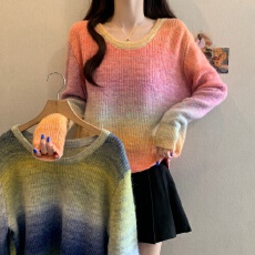 批发大码女装法式羊毛彩虹针织衫保暖上衣女胖MM显瘦洋气减龄秋<b class='q'>冬</b>上衣