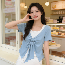 批发<b class='q'>大码</b>女装假两件扭结洋气短袖t恤夏女胖MM显瘦穿搭设计感减龄上衣