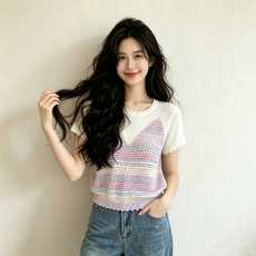 批发大码女装彩色拼接短袖T恤女胖MM遮肚子2026夏季新款减龄百搭上衣