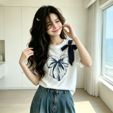 批发现现韩系系带夏季短袖t恤女露肩显瘦百搭遮肚子上衣大码女装胖mm