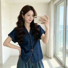 批发现大码女装短袖T恤胖MM显瘦设计感牛仔衬衫v领港味复古遮肚子上衣