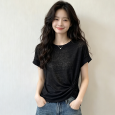批发大码女装胖妹妹设计感短袖t恤女休闲遮肚子百搭洋气扭结上衣2026