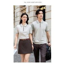 批发可定制logo舒适透气男女同款双丝光莱赛尔棉混纺间色拉链翻领短袖