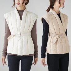 批发韩国爆款秋冬新款短款系带外穿白鸭绒坎肩针织毛线拼接羽绒马甲女