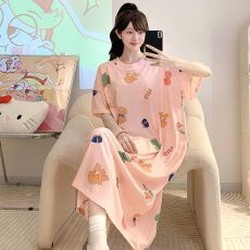 批发仿棉拉架<b class='q'>睡衣</b>女士夏季甜美休闲<b class='q'>卡通</b>短袖中长宽松睡裙家居服可外穿