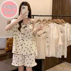 批发仿棉皱布睡衣女夏季甜美带胸垫吊带短袖开衫短<b class='q'>裤</b>三件套加肥加大码