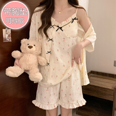 批发仿棉皱布睡衣女夏季甜美带胸垫吊带短袖开衫短<b class='q'>裤</b>三件套加肥加大码