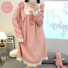 批发M-5XL 6535提花睡衣女秋<b class='q'>冬</b>季甜美带胸垫可拆长袖中长睡裙加肥胖MM