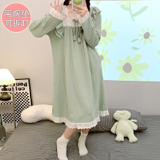 批发M-5XL 6535提花睡衣女秋<b class='q'>冬</b>季甜美带胸垫可拆长袖中长睡裙加肥胖MM