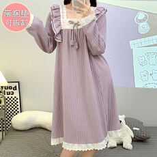 批发M-5XL 6535提花睡衣女秋<b class='q'>冬</b>季甜美带胸垫可拆长袖中长睡裙加肥胖MM