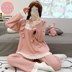 批发M-5XL 6535提花睡衣女秋冬甜美带胸垫可拆长袖<b class='q'>长裤</b>加肥加<b class='q'>大码</b>套装