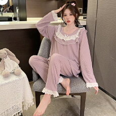 批发M-5XL 6535提花睡衣女秋季公主风长袖<b class='q'>长裤</b>加肥加<b class='q'>大码</b>220斤家居服