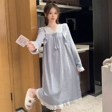 批发M-5XL 6535提花睡衣女春秋季甜美<b class='q'>公主</b>风长袖中长<b class='q'>睡裙</b>加大码240斤