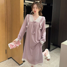 批发M-5XL 6535提花睡衣女春秋季甜美<b class='q'>公主</b>风长袖中长<b class='q'>睡裙</b>加大码240斤
