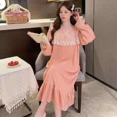批发M-5XL 6535提花睡衣女春秋季甜美<b class='q'>公主</b>风长袖中长<b class='q'>睡裙</b>加大码240斤