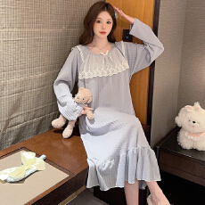 批发M-5XL 6535提花睡衣女春秋季甜美<b class='q'>公主</b>风长袖中长<b class='q'>睡裙</b>加大码240斤