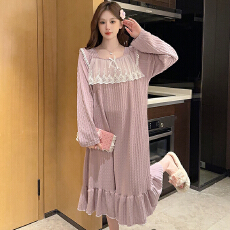 批发M-5XL  6535提花睡衣女春秋季甜美<b class='q'>公主</b>风长袖中长<b class='q'>睡裙</b>加大码240斤