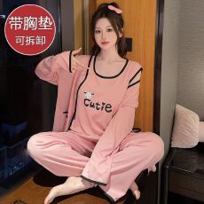批发M-5XL仿棉皱布<b class='q'>睡衣</b>女秋季带胸垫背心长袖长裤<b class='q'>三件套</b>加肥大码220斤