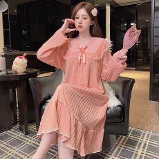 批发M-5XL 6535提花女秋季甜美<b class='q'>公主</b>风长袖中长<b class='q'>睡裙</b>加大码220斤家居服